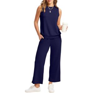 imageWIHOLL Two Piece Set for Women Summer Outfits Vacation Lounge Sets Round Neck Matching Sets Wide Leg Crop PantsNavy