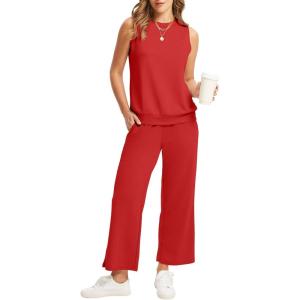imageWIHOLL Two Piece Set for Women Summer Outfits Vacation Lounge Sets Round Neck Matching Sets Wide Leg Crop PantsRed