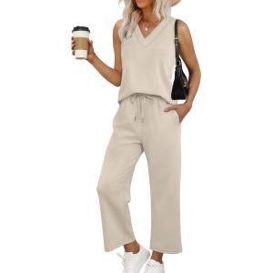 imageWIHOLL Two Piece Sets for Women Summer Outfits Matching Lounge Sets Wide Leg Crop Pants Vacation Travel1beige
