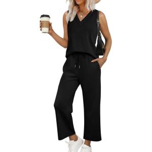 imageWIHOLL Two Piece Sets for Women Summer Outfits Matching Lounge Sets Wide Leg Crop Pants Vacation Travel1black