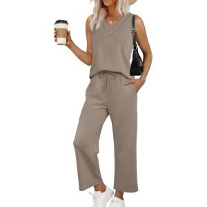 imageWIHOLL Two Piece Sets for Women Summer Outfits Matching Lounge Sets Wide Leg Crop Pants Vacation Travel1coffee