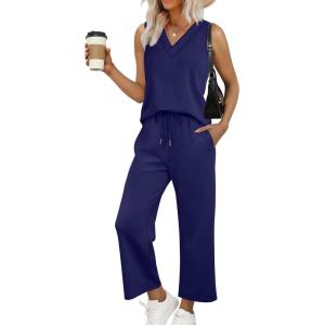 imageWIHOLL Two Piece Sets for Women Summer Outfits Matching Lounge Sets Wide Leg Crop Pants Vacation TravelBlue