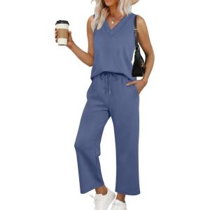 imageWIHOLL Two Piece Sets for Women Summer Outfits Matching Lounge Sets Wide Leg Crop Pants Vacation TravelBlue2