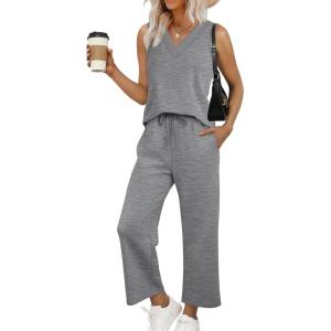 imageWIHOLL Two Piece Sets for Women Summer Outfits Matching Lounge Sets Wide Leg Crop Pants Vacation TravelGrey
