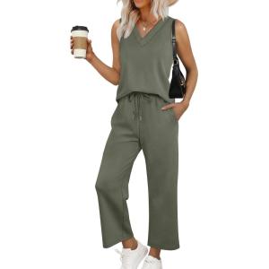 imageWIHOLL Two Piece Sets for Women Summer Outfits Matching Lounge Sets Wide Leg Crop Pants Vacation TravelOlive Green