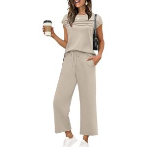 imageWIHOLL Two Piece Sets for Women Summer Travel Vacation Outfits Cap Sleeve Lounge Matching Sets Wide Leg Pants S3XLBeige