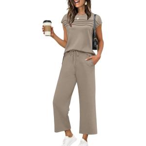 imageWIHOLL Two Piece Sets for Women Summer Travel Vacation Outfits Cap Sleeve Lounge Matching Sets Wide Leg Pants S3XLCoffee