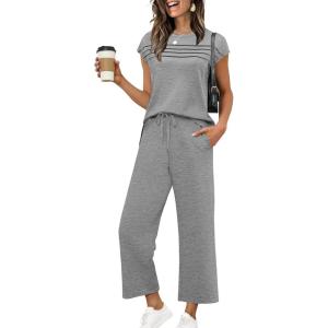 imageWIHOLL Two Piece Sets for Women Summer Travel Vacation Outfits Cap Sleeve Lounge Matching Sets Wide Leg Pants S3XLGrey