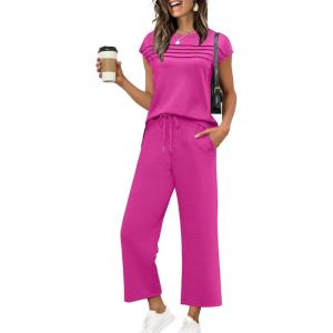 imageWIHOLL Two Piece Sets for Women Summer Travel Vacation Outfits Cap Sleeve Lounge Matching Sets Wide Leg Pants S3XLHot Pink