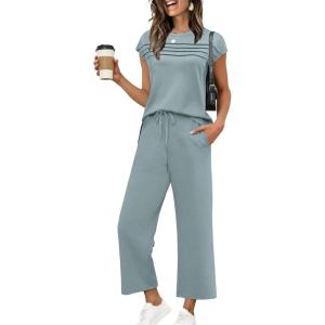 imageWIHOLL Two Piece Sets for Women Summer Travel Vacation Outfits Cap Sleeve Lounge Matching Sets Wide Leg Pants S3XLLake Blue