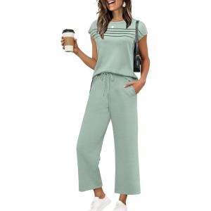 imageWIHOLL Two Piece Sets for Women Summer Travel Vacation Outfits Cap Sleeve Lounge Matching Sets Wide Leg Pants S3XLSage Green