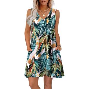 imageWIHOLL Womens Summer Dresses Loose Fit V Neck Sleeveless Sundresses Beach Hawaiian Dress with PocketsFloral Frond