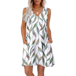 imageWIHOLL Womens Summer Dresses Loose Fit V Neck Sleeveless Sundresses Beach Hawaiian Dress with PocketsFloral Multi Leaf