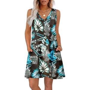 imageWIHOLL Womens Summer Dresses Loose Fit V Neck Sleeveless Sundresses Beach Hawaiian Dress with PocketsFloral Palm Leaf