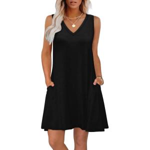 imageWIHOLL Womens Summer Dresses Loose Fit V Neck Sleeveless Sundresses Beach Hawaiian Dress with PocketsPlain Black