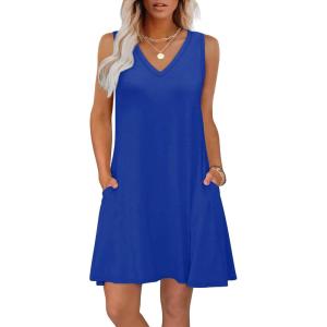 imageWIHOLL Womens Summer Dresses Loose Fit V Neck Sleeveless Sundresses Beach Hawaiian Dress with PocketsPlain Blue