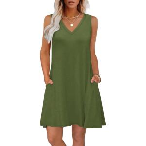 imageWIHOLL Womens Summer Dresses Loose Fit V Neck Sleeveless Sundresses Beach Hawaiian Dress with PocketsPlain Green