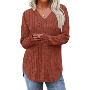 imageWIHOLL Long Sleeve Shirts for Women V Neck Tops Tunic Fall Winter Sweaters 2025 Clothes1caramel