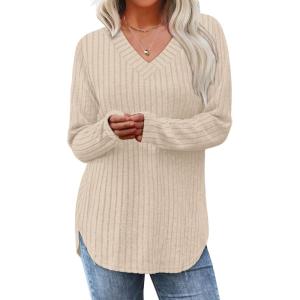 imageWIHOLL Long Sleeve Shirts for Women V Neck Tops Tunic Fall Winter Sweaters 2025 ClothesApricot