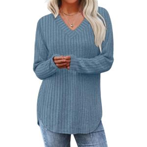 imageWIHOLL Long Sleeve Shirts for Women V Neck Tops Tunic Fall Winter Sweaters 2025 ClothesBlue