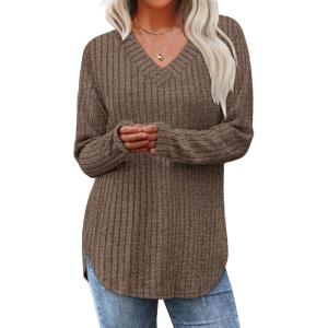 imageWIHOLL Long Sleeve Shirts for Women V Neck Tops Tunic Fall Winter Sweaters 2025 ClothesCoffee