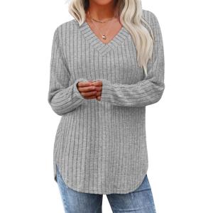 imageWIHOLL Long Sleeve Shirts for Women V Neck Tops Tunic Fall Winter Sweaters 2025 ClothesGrey