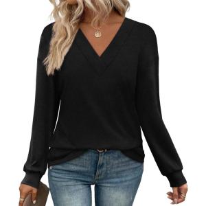 imageWIHOLL Long Sleeve Shirts for Women V Neck Tops Tunic Fall Winter Sweatshirts 2025 Clothes1black