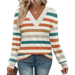 imageWIHOLL Long Sleeve Shirts for Women V Neck Tops Tunic Fall Winter Sweatshirts 2025 Clothes1stripes Orange
