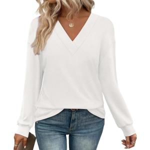 imageWIHOLL Long Sleeve Shirts for Women V Neck Tops Tunic Fall Winter Sweatshirts 2025 Clothes1white