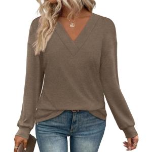 imageWIHOLL Long Sleeve Shirts for Women V Neck Tops Tunic Fall Winter Sweatshirts 2025 ClothesCoffee