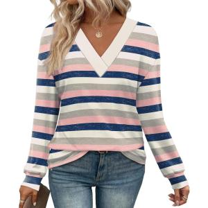 imageWIHOLL Long Sleeve Shirts for Women V Neck Tops Tunic Fall Winter Sweatshirts 2025 ClothesStripes Pink