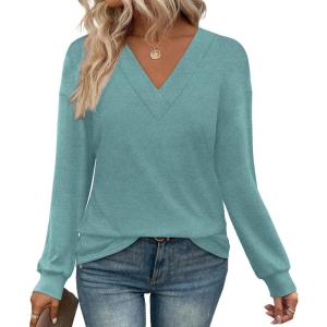 imageWIHOLL Long Sleeve Shirts for Women V Neck Tops Tunic Fall Winter Sweatshirts 2025 ClothesTurquoise
