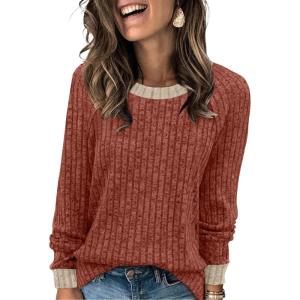 imageWIHOLL Long Sleeve Shirts for Women Lightweight Sweaters Fall Outfits 2025 Color Block Winter Clothing Dressy Casual Soft03caramel