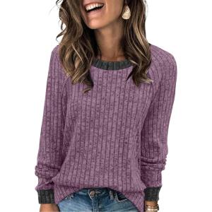 imageWIHOLL Long Sleeve Shirts for Women Lightweight Sweaters Fall Outfits 2025 Color Block Winter Clothing Dressy Casual Soft04purple
