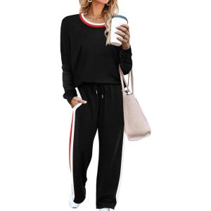 imageWIHOLL 2 Piece Lounge Sets for Women Long Sleeve Tops Wide Leg Sweatpants Sweatsuits with PocketsBlack