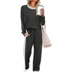 imageWIHOLL 2 Piece Lounge Sets for Women Long Sleeve Tops Wide Leg Sweatpants Sweatsuits with PocketsDeep Grey