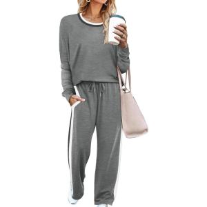 imageWIHOLL 2 Piece Lounge Sets for Women Long Sleeve Tops Wide Leg Sweatpants Sweatsuits with PocketsGrey