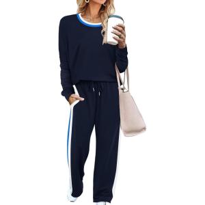 imageWIHOLL 2 Piece Lounge Sets for Women Long Sleeve Tops Wide Leg Sweatpants Sweatsuits with PocketsNavy