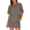 imageWIHOLL 2 Piece Lounge Sets for Women 2 Piece Lounge Matching Short Sleeve Tops Shorts Pants with Pocket ClothingCoffee