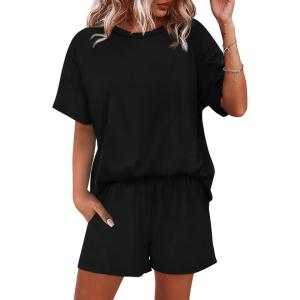 imageWIHOLL 2 Piece Lounge Sets for Women 2 Piece Lounge Matching Short Sleeve Tops Shorts Pants with Pocket ClothingBlack