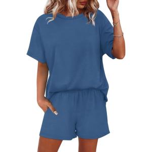imageWIHOLL 2 Piece Lounge Sets for Women 2 Piece Lounge Matching Short Sleeve Tops Shorts Pants with Pocket ClothingBlue