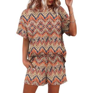 imageWIHOLL 2 Piece Lounge Sets for Women 2 Piece Lounge Matching Short Sleeve Tops Shorts Pants with Pocket ClothingBoho Print