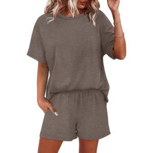 imageWIHOLL 2 Piece Lounge Sets for Women 2 Piece Lounge Matching Short Sleeve Tops Shorts Pants with Pocket ClothingCoffee