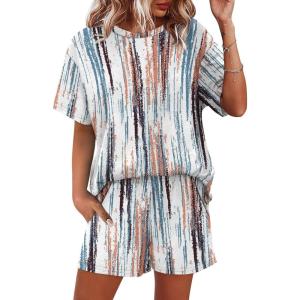 imageWIHOLL 2 Piece Lounge Sets for Women 2 Piece Lounge Matching Short Sleeve Tops Shorts Pants with Pocket ClothingDye Tie