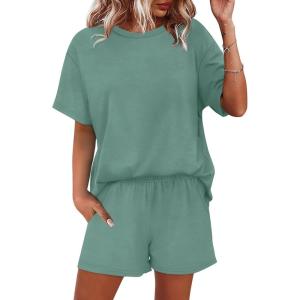 imageWIHOLL 2 Piece Lounge Sets for Women 2 Piece Lounge Matching Short Sleeve Tops Shorts Pants with Pocket ClothingLight Green