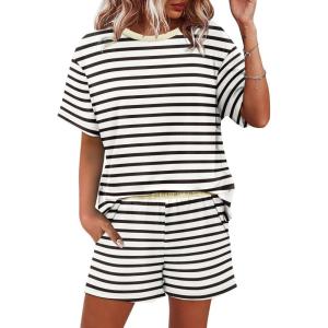 imageWIHOLL 2 Piece Lounge Sets for Women 2 Piece Lounge Matching Short Sleeve Tops Shorts Pants with Pocket ClothingStripes Black