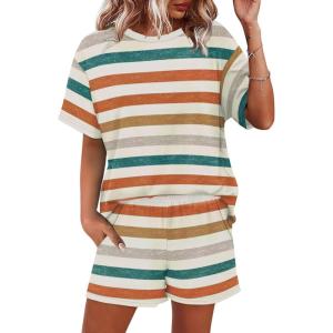 imageWIHOLL 2 Piece Lounge Sets for Women 2 Piece Lounge Matching Short Sleeve Tops Shorts Pants with Pocket ClothingStripes Orange