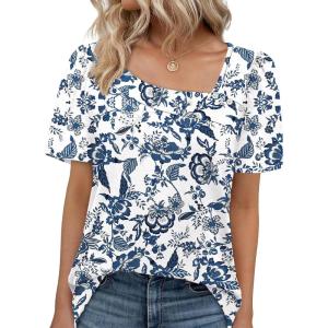 imageWIHOLL Womens Summer Tops Short Sleeve Shirts Square Neck Spring Outfits 2026 Fashion Clothing BlousesBoho Blue