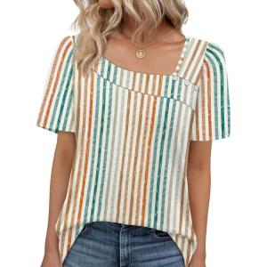 imageWIHOLL Womens Summer Tops Short Sleeve Shirts Square Neck Spring Outfits 2026 Fashion Clothing BlousesStripes Orange