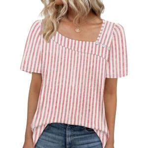 imageWIHOLL Womens Summer Tops Short Sleeve Shirts Square Neck Spring Outfits 2026 Fashion Clothing BlousesStripes Pink